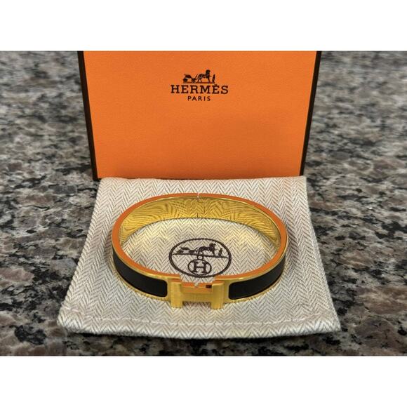 Hermes H Clic Bracelet Bangle Gold Tone / Black w/ Box & Dust Bag - TS 335929 - Picture 11 of 11
